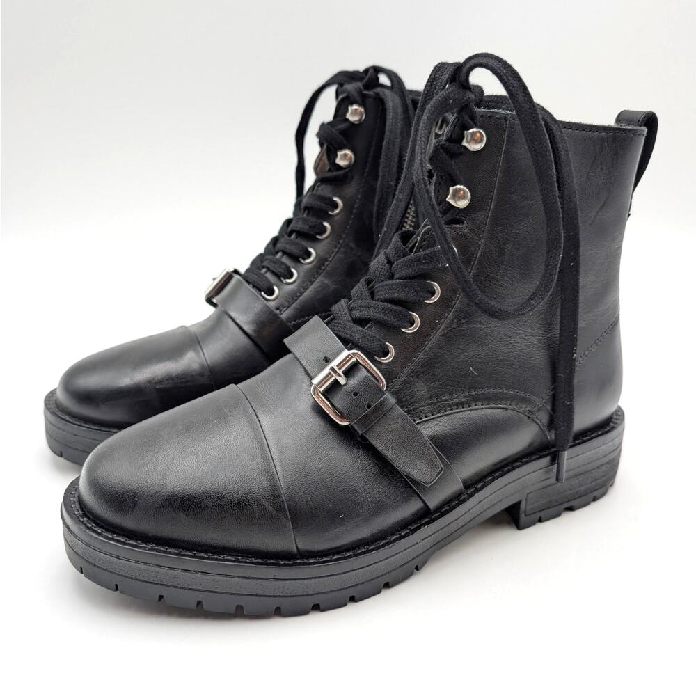 AllSaints Donita Combat Boots Buckle Women's Leather Black Size US6 EU36